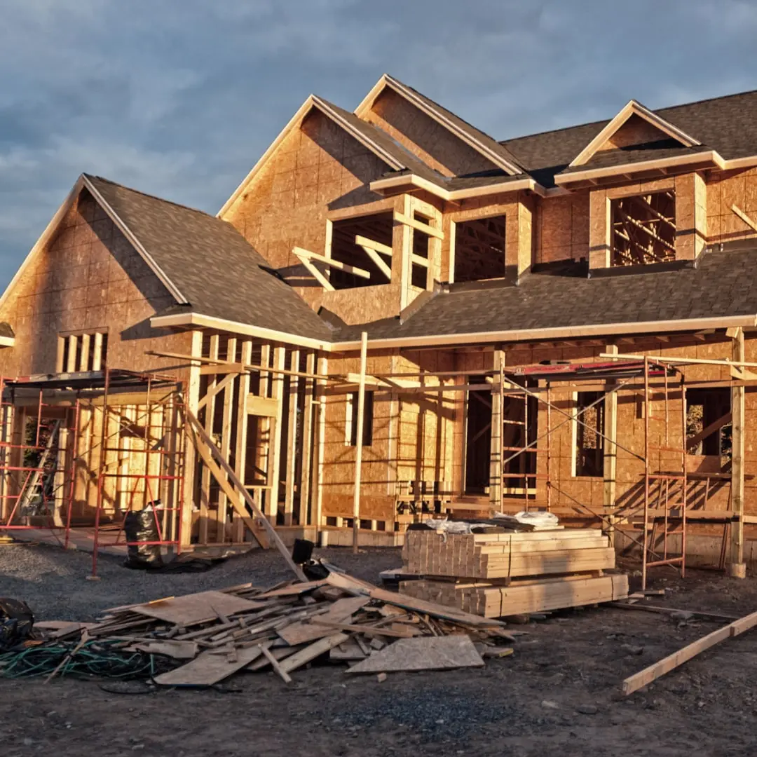 New two-story home framed and ready for a roof
