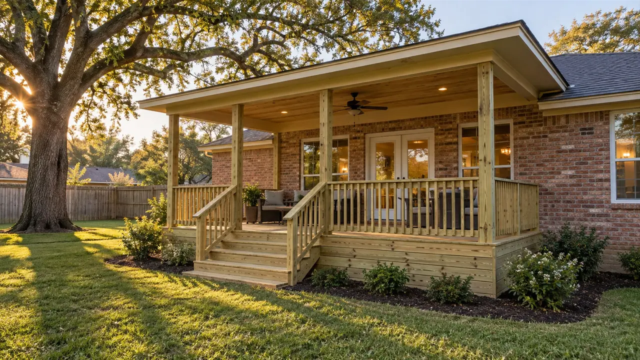 New covered porch and wood deck on a brick home