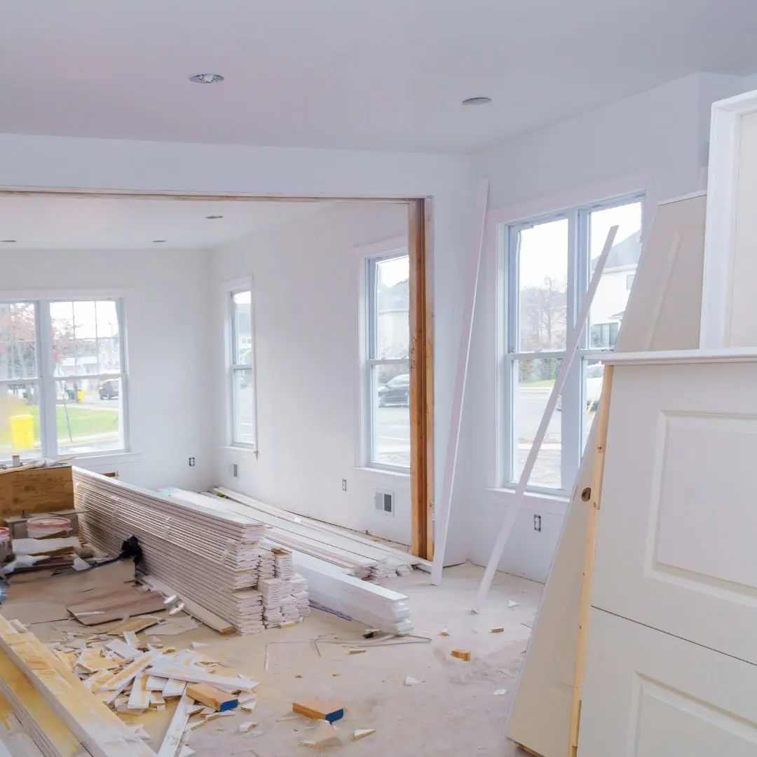 Living area being remodeled with new trim and doors