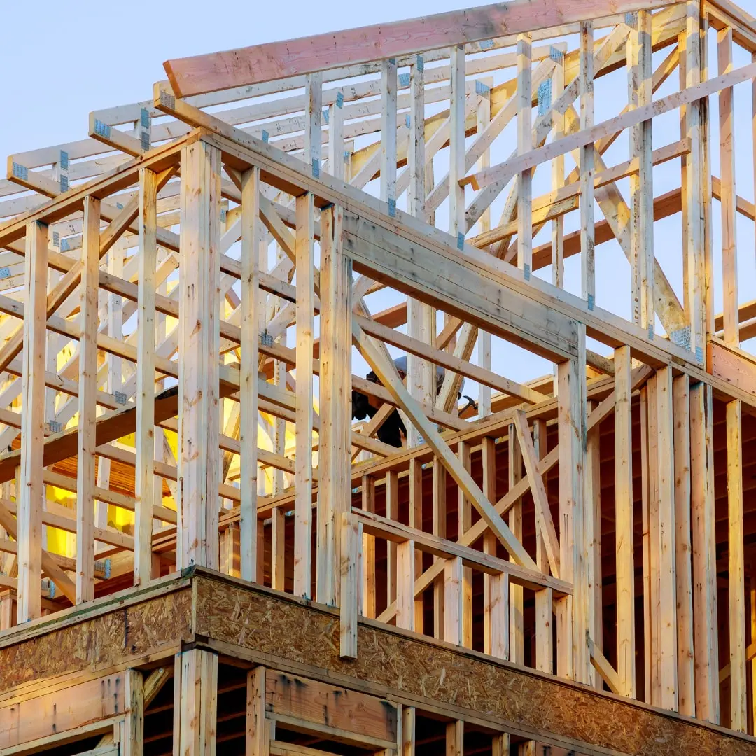 Exposed wall and roof framing during a home repair