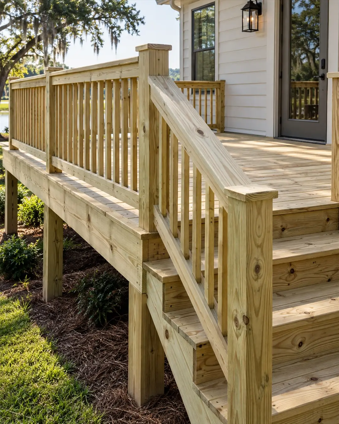 New pressure-treated deck stairs and railing leading down to a backyard