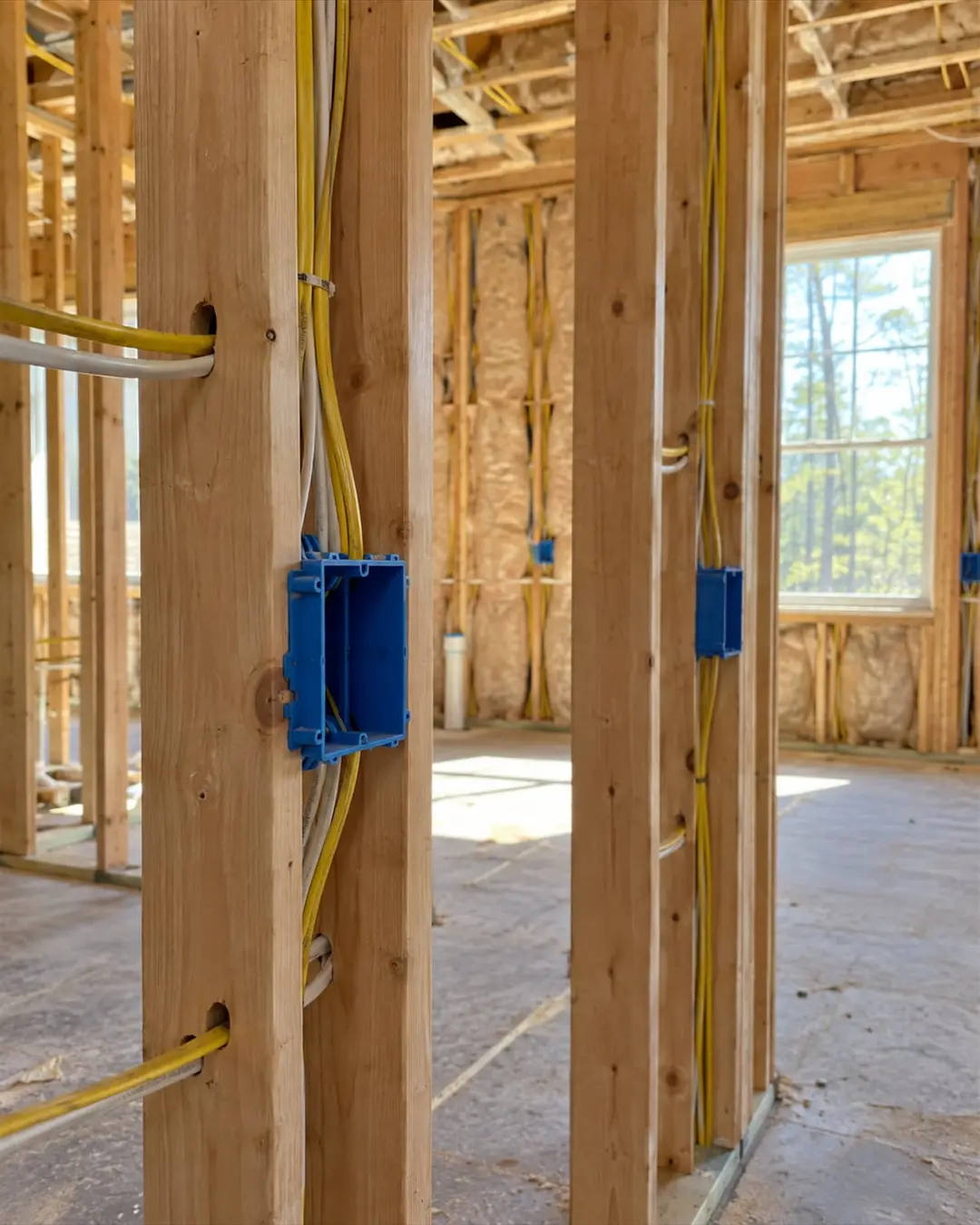 New electrical wiring run through wall studs to outlet boxes