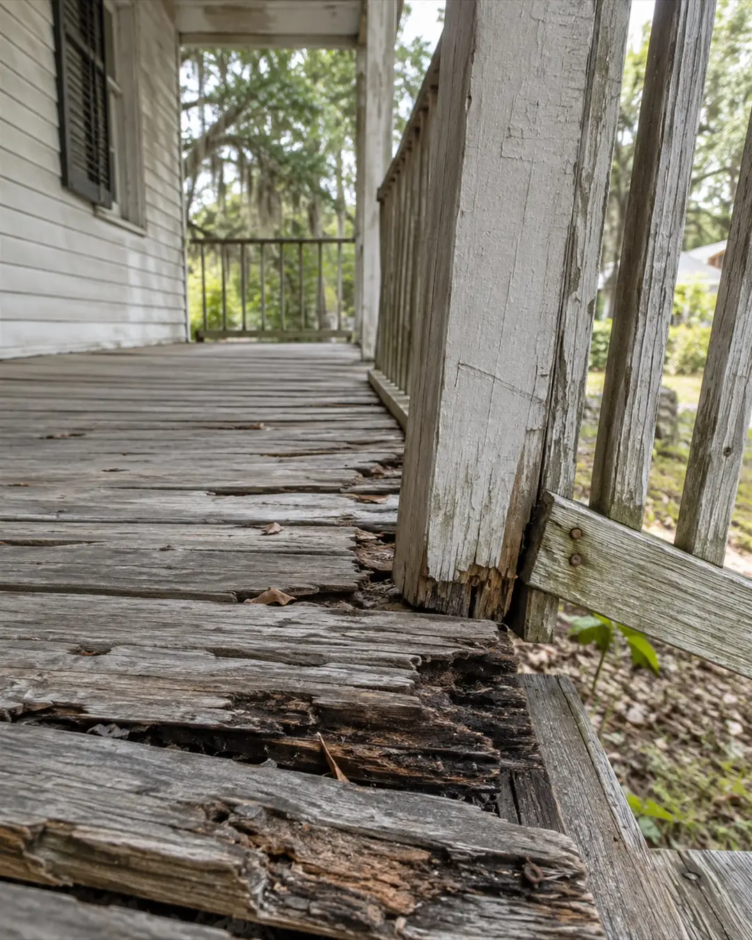 Rotted, weathered boards on an old wood porch before repair