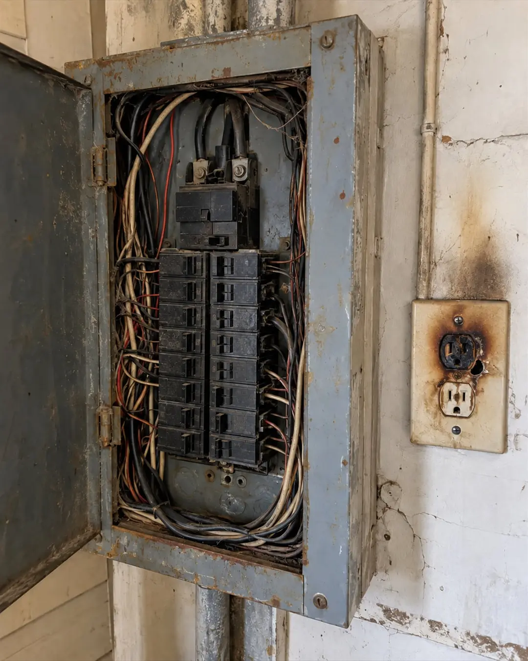 Old, worn electrical panel with crowded wiring in an older home